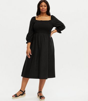 New Look Curves Black Shirred Puff Sleeve Midi Dress